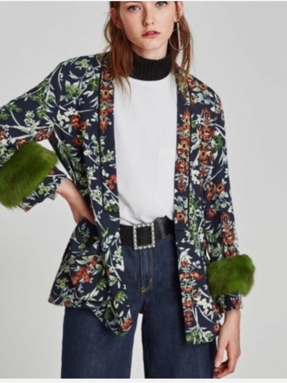 ZARA: Fabulous & Fun Floral Navy Jacket with Green Fur Cuffs & pockets-LIKE NEW!
